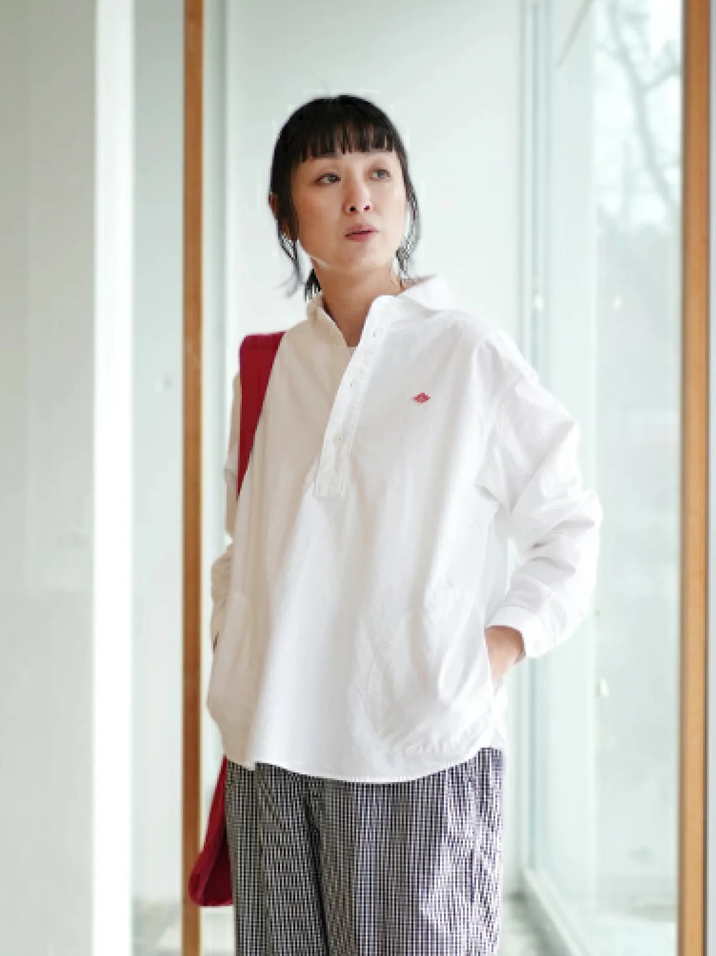 

Loose Fit Oxford Cloth Shirt Pure Color Embroidery Retro Green Collar Casual Style Long Sleeve Women's Breathable Shirt