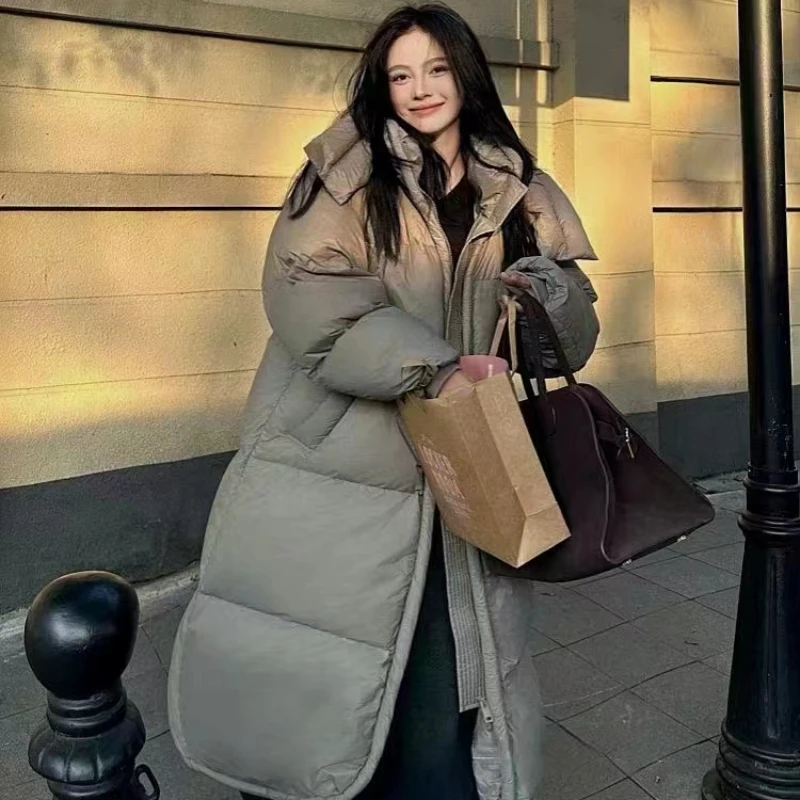 Jaqueta feminina com capuz longo, jaqueta quente à prova de vento, parkas casual preguiçoso, essencial inverno quente, novo high-end, 2024