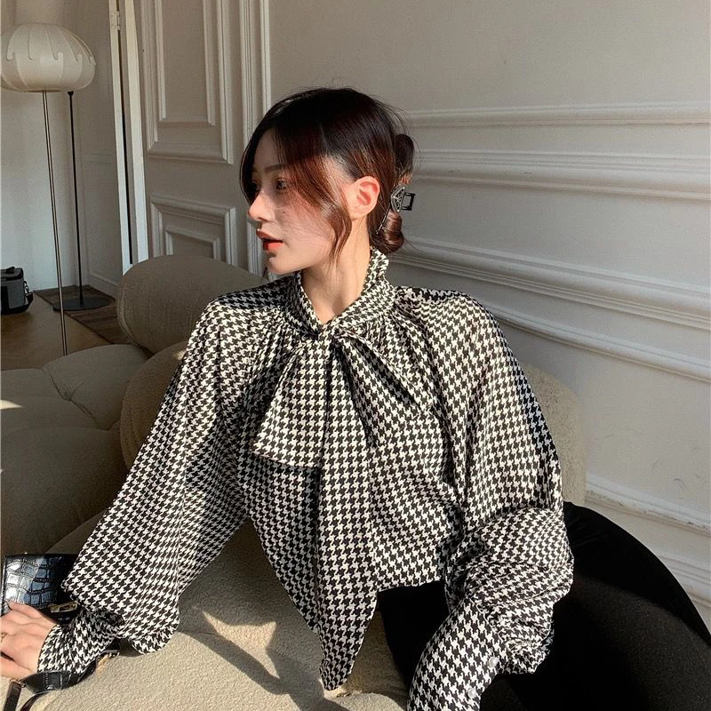 MEXZT Houndstooth Bow Chiffon Shirt Women Vintage Elegant Print Bandage Lantern Sleeve Blouses Office Lady Korean Thin Loose Top