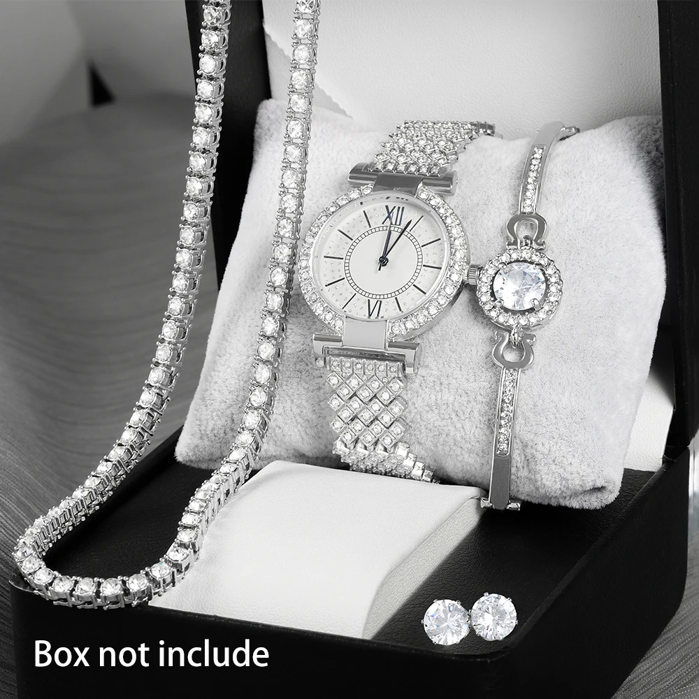 5pcs Hip-hop Women Iced Out Watch Set di gioielli elegante orologio con zirconi Punk orecchini con bracciale catena da Tennis Luxury Trend Party Gift