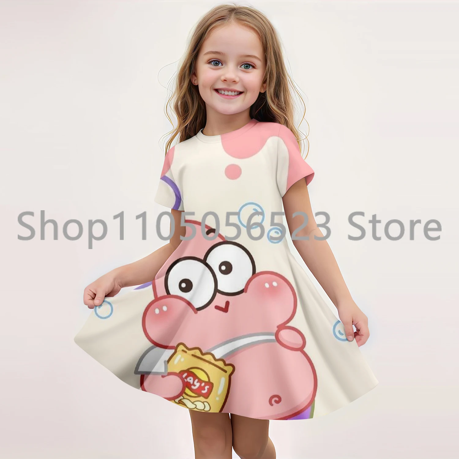 

2025 Summer New SpongeBob Kids Casual Fashion Cute Pattern 3D Print Crew Neck Short Sleeve Comfortable Dress