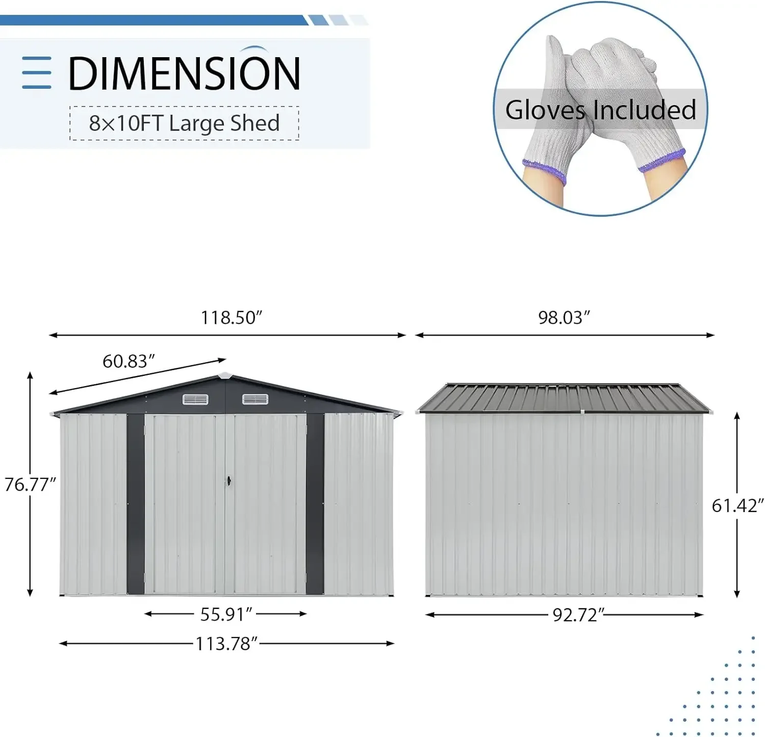 10x8 FT Outdoor Storage Shed, Galvanized Steel Metal Garden Shed, Double Door W/Lock, Outdoor Storage Tool House for Patio, Lawn