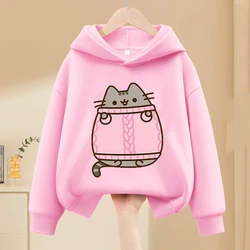 Pusheens-Kawaii Cat Anime Hoodies para meninos e meninas, moletom espessante, pulôver quente, tops da moda, presentes fofos para crianças, inverno