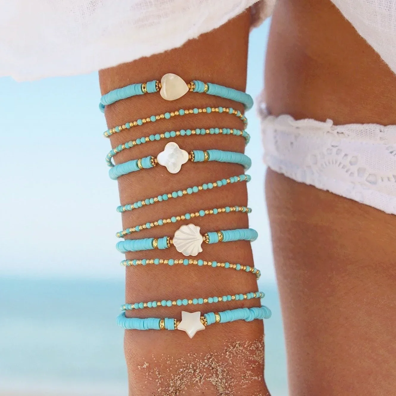 CCGOOD artystyczna bransoletka surfingowa glina polimerowa Heishi kamień naturalny bransoletki przyjaźni Boho Beach Pulseras serce gwiazda biżuteria