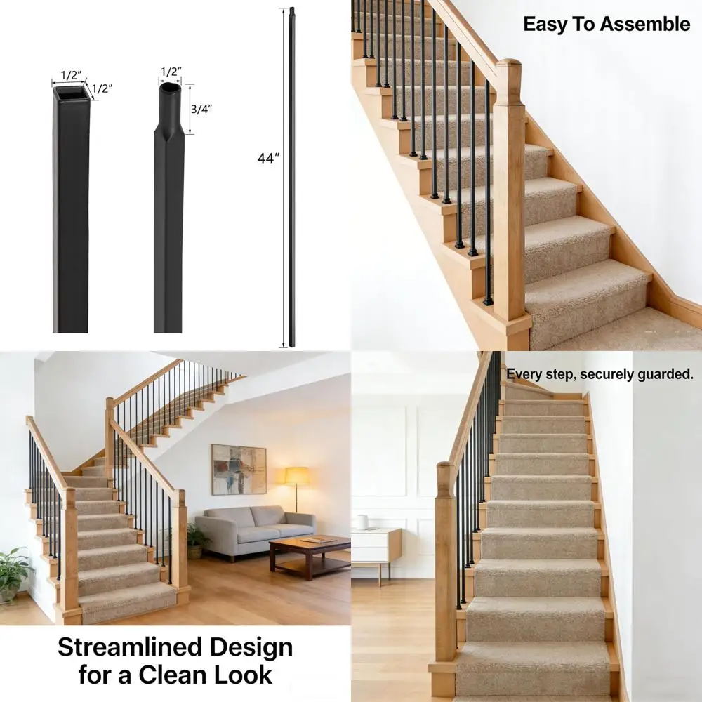 

1/2 x 44 Satin Black Wrought Iron Plain Balusters, Pack of 10 for Staircases and Decks