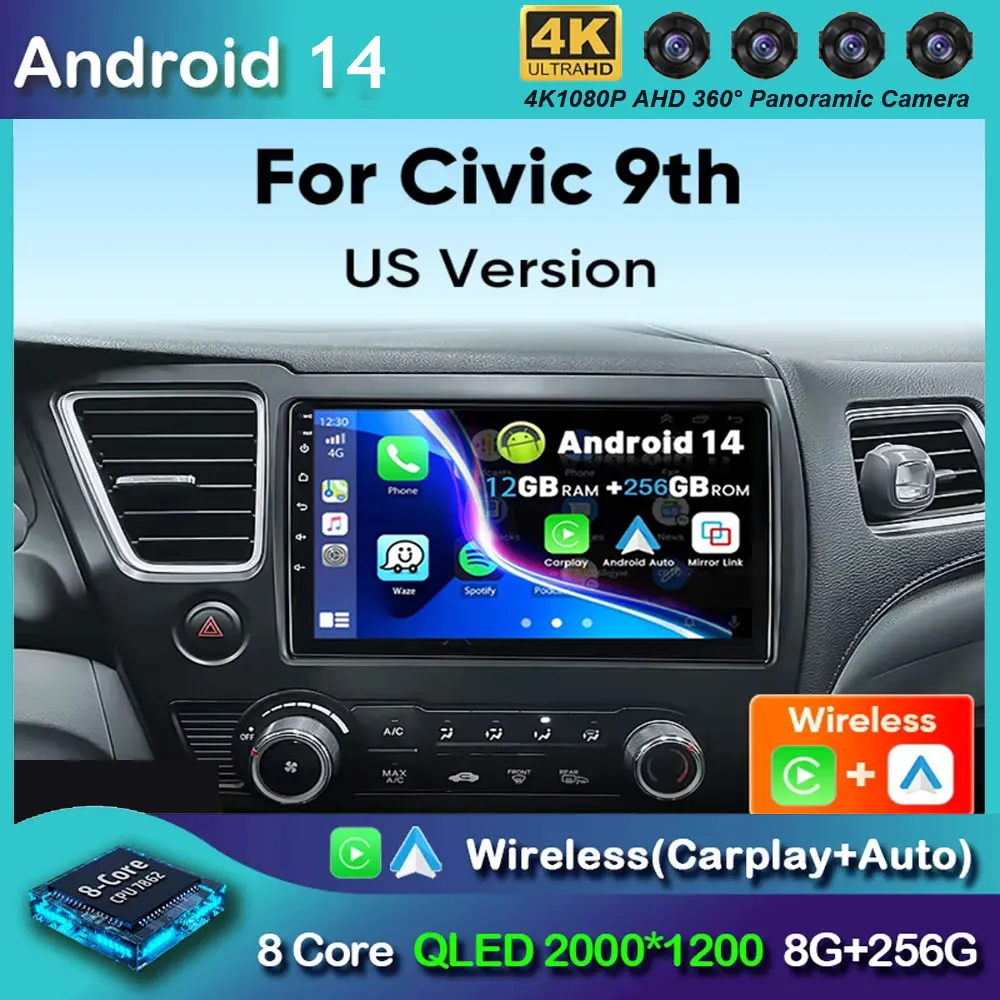 Android 14 Car Radio For Honda Civic 9 9th US Sender Coupe Multimedia Player Video Carplay DSP GPS No 2din DVD Head Unit