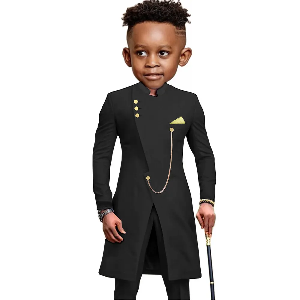 Latest Indian Style Suit for Boy Fashion Stand Collar Black Wedding Tuxedo 2 Piece Kids Clothes Boys Sets Blazer Pants