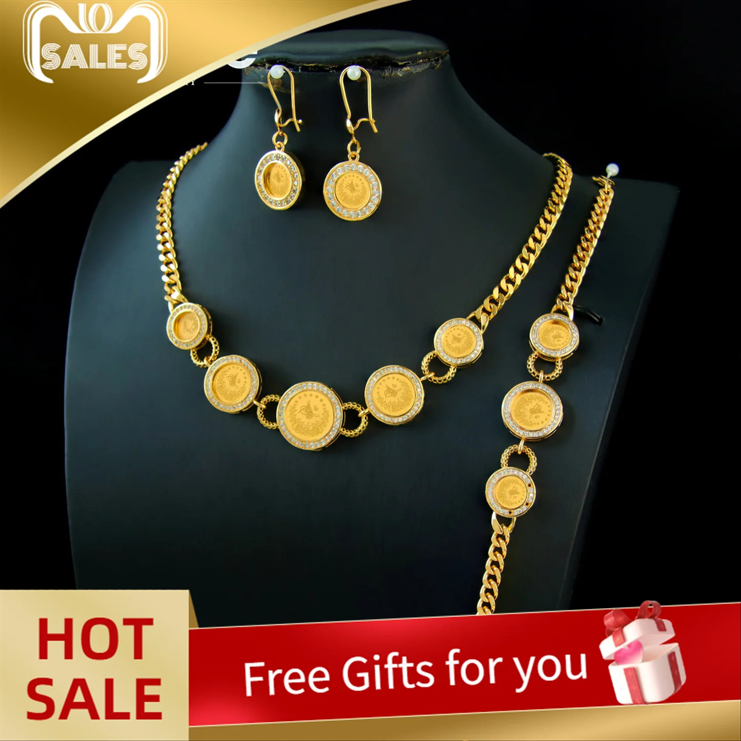 Dubai Vintage Coins Charm Jewelry Set 21k Gold Plated Turkish Bridal Zirconia Necklace Nigeria Muslim Women Wedding Jewelrys