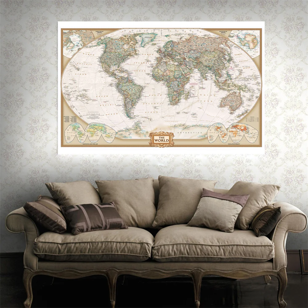 빈티지 포스터 대형 세계지도 50x32in 벽 장식 교육 인쇄 벽 교수형 예술 폴리 에스터 배경 천으로 학교 용품