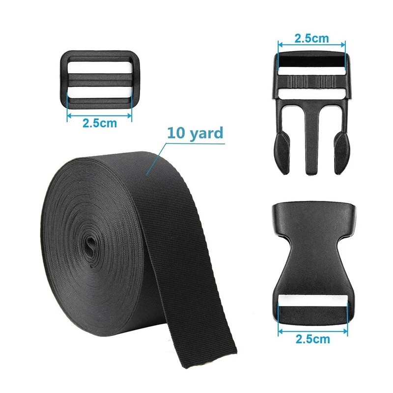 1 Inch Wide 10 Yards Nylon Webbing Strap+12 Set Plastic 1 Inch Flat Side Release Buckles For DIY Making Luggage Strap