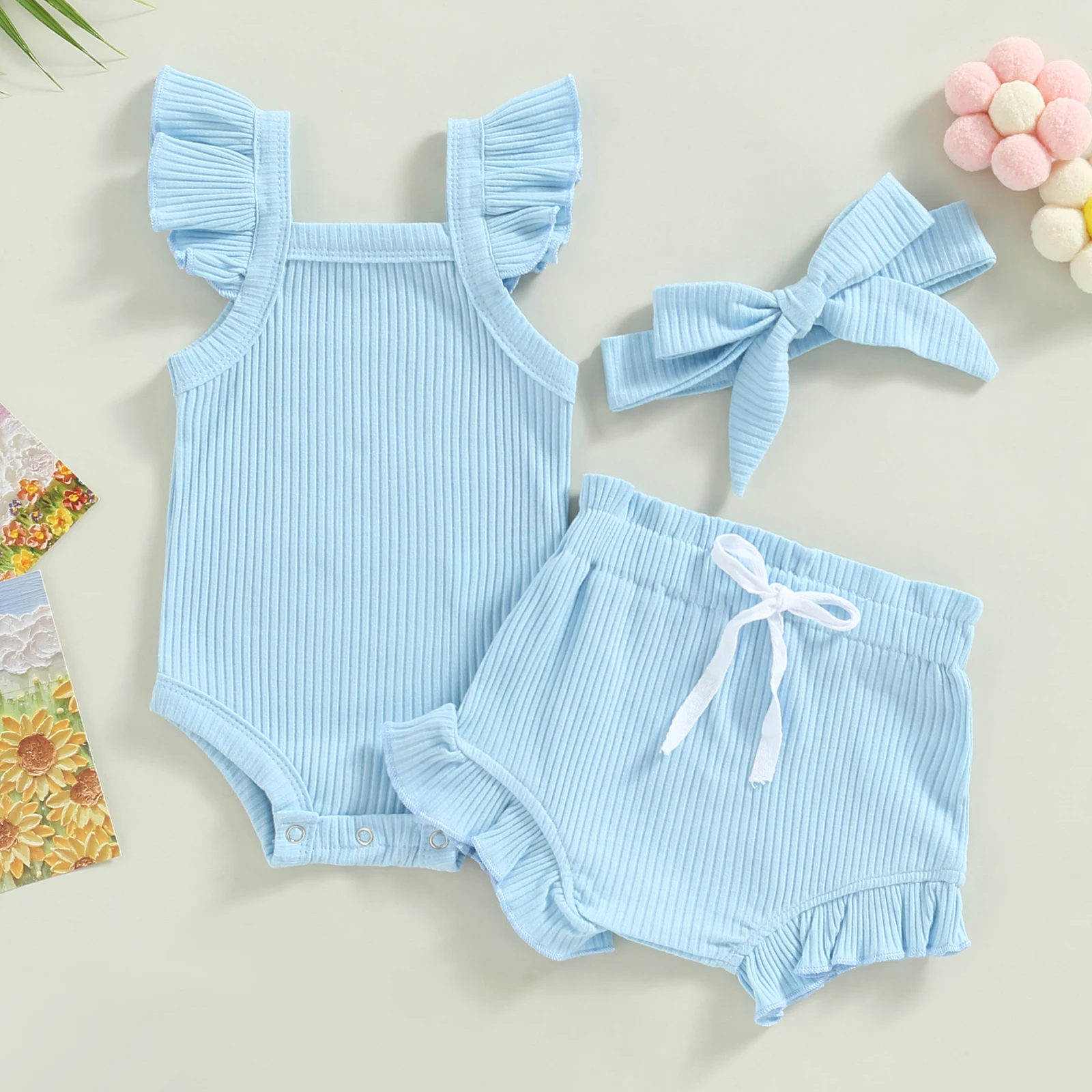 2021 Baby Summer Clothing Baby Girl Tops, Lace Up Pants Suit, Square Neck Short Ruffle Sleeve Romper, Loose Flouncing Shorts