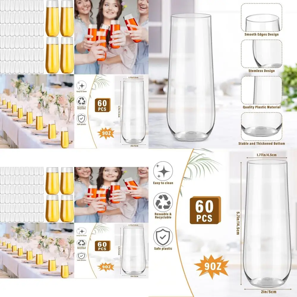 

60-Pack Unbreakable 9 oz Plastic Champagne Flutes for Parties, Weddings, and Celebrations (Clear)