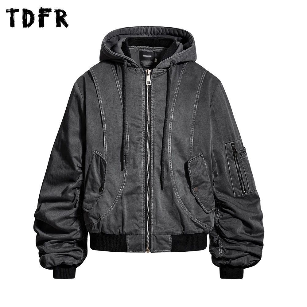 

Стеганая куртка с карманами и капюшоном, мужская стеганая куртка с верхней строчкой, потертая ретро-карго, осенне-зимняя свободная верхняя одежда с длинными рукавами