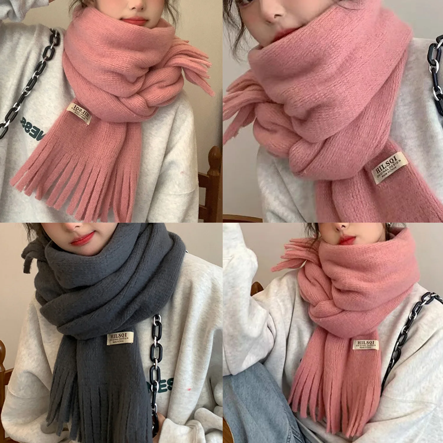 New Winter Scarves Women Pink Grey Warm Scarf Long Tassel Shawls Wraps Thickened Wrap Shawls For Girls Knitted Neckwrap