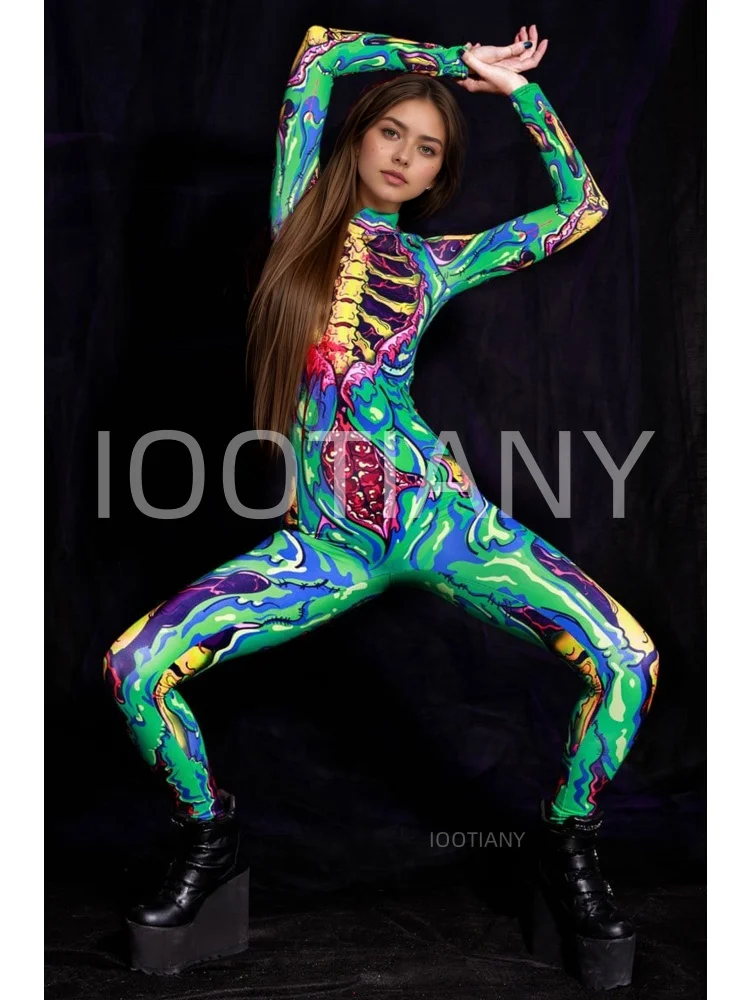 Damen-Party-Kostüm für Feiertage, Cyberpunk-Comic-Zombie-Bodysuit, Halloween, lustiges Cosplay-Skelett-Kostüm, Karneval, Stretch-Strumpfhose, Jumpsuit – Detail 7