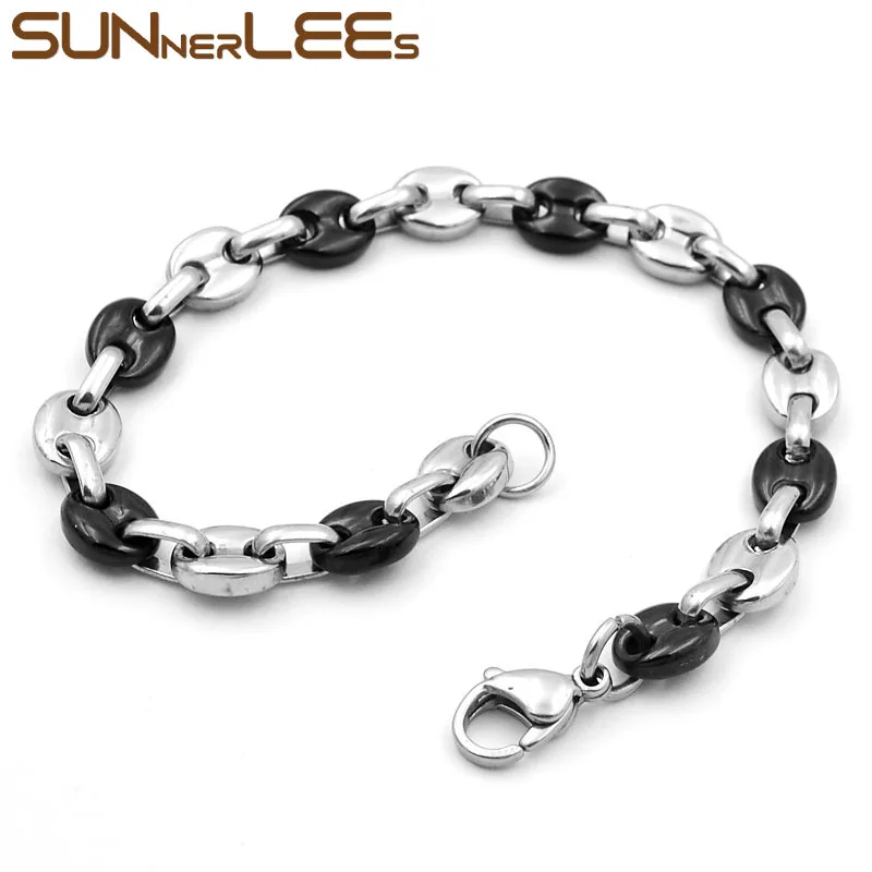 SUNNERLEES 316L Stainless Steel Bracelet 5~11mm Coffee Beans Link Chain Silver Color Gold Plated Jewelry Men Women Gift SC13