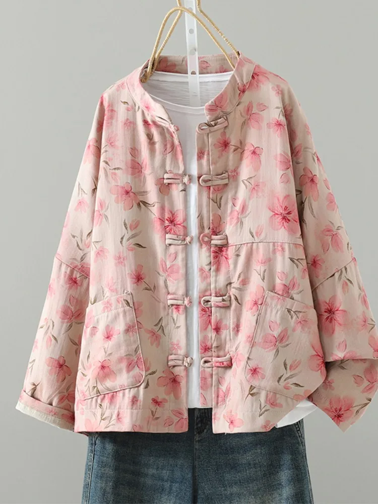 New Chinese Style Pink Zen Print Cotton Linen Jacket Women's Spring Unique Beautiful Tang Costume Open Cardigan Top