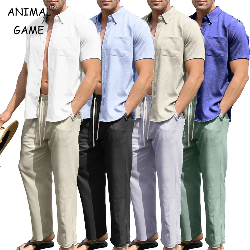 

Men’s 2 Piece Cotton Outfit Summer Beach Short Sleeve Button Down Shirt and Pants Set Oversize Sportswear T-shirts Tracksuit