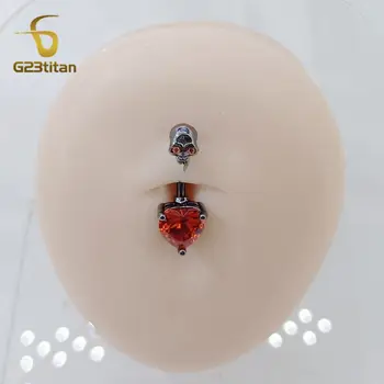 哥德骷髏紅鋯石心形肚臍環 14G 鈦或鋼槓鈴 CZ 肚臍穿孔飾品 男女萬聖節配件 10 最佳銷售 歌德式穿孔 - №10