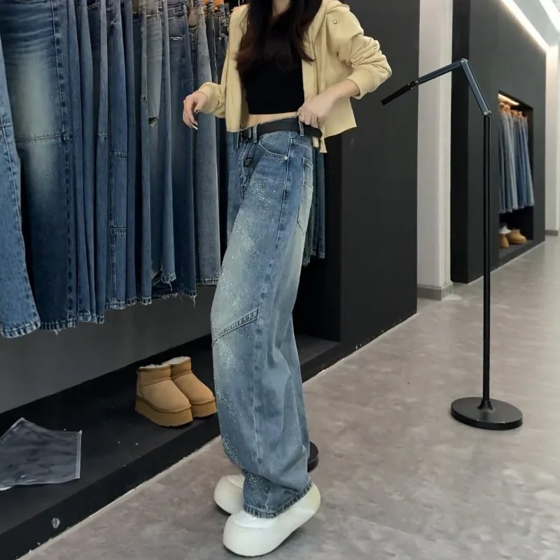 

Plus Size Curved Blade Jeans 2026 Spring Starry Rhinestone Wide Leg Straight Denim Pants Fashion Casual Women Trousers