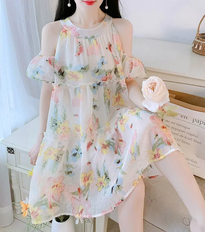2025 Women's Fashion Spring Summer Hot Selling Dopamine Small Fresh Color Texture Hanging Neck Lantern Sleeve Floral Fairy Dress