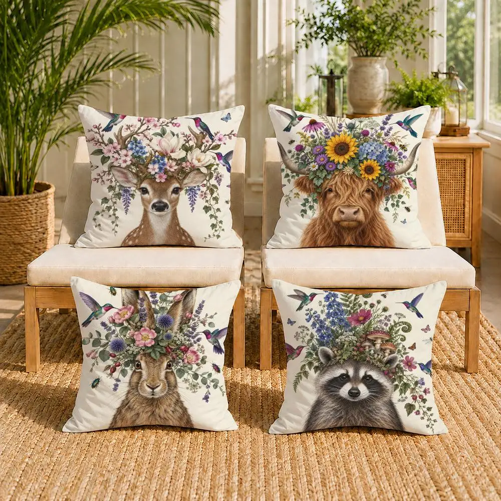 Whimsical Badger Colourful Woodland Animal Cushion Cover Double-Sided Plush Sofa Cushion Covers Breathable Invisible Zipper