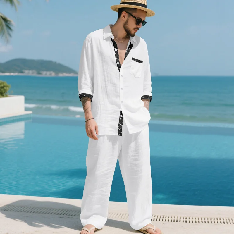 

2025 Autumn Clothing Linen Loose Men's Vacation Casual Old Money Wind Long Sleeve Shirt Men's Suit