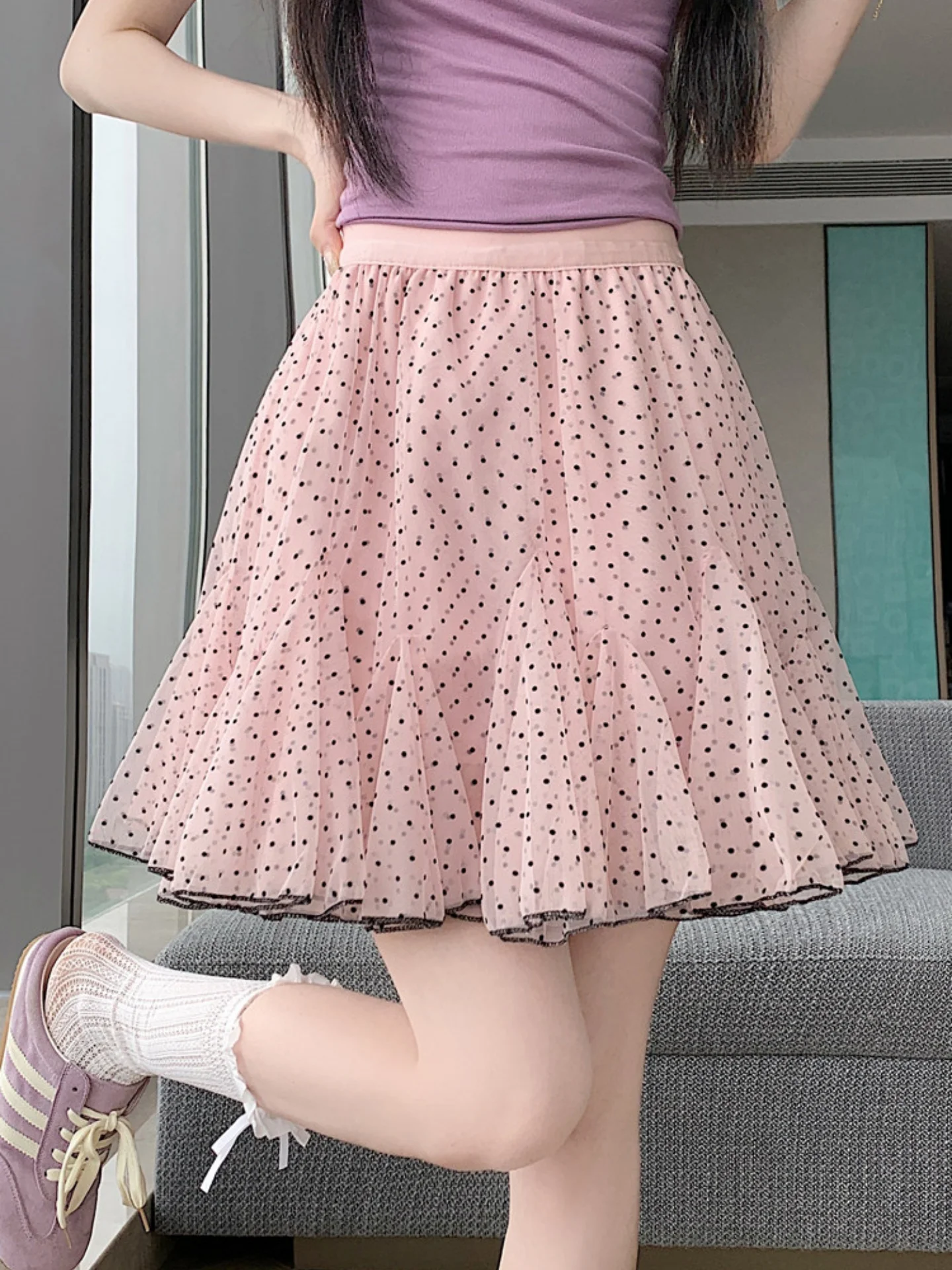 Women's Pleated  Skirt Summer New Style Elastic Waist Slimming Fluffy A-Line Short Skirt Casual Polka Dot Asymmetrical