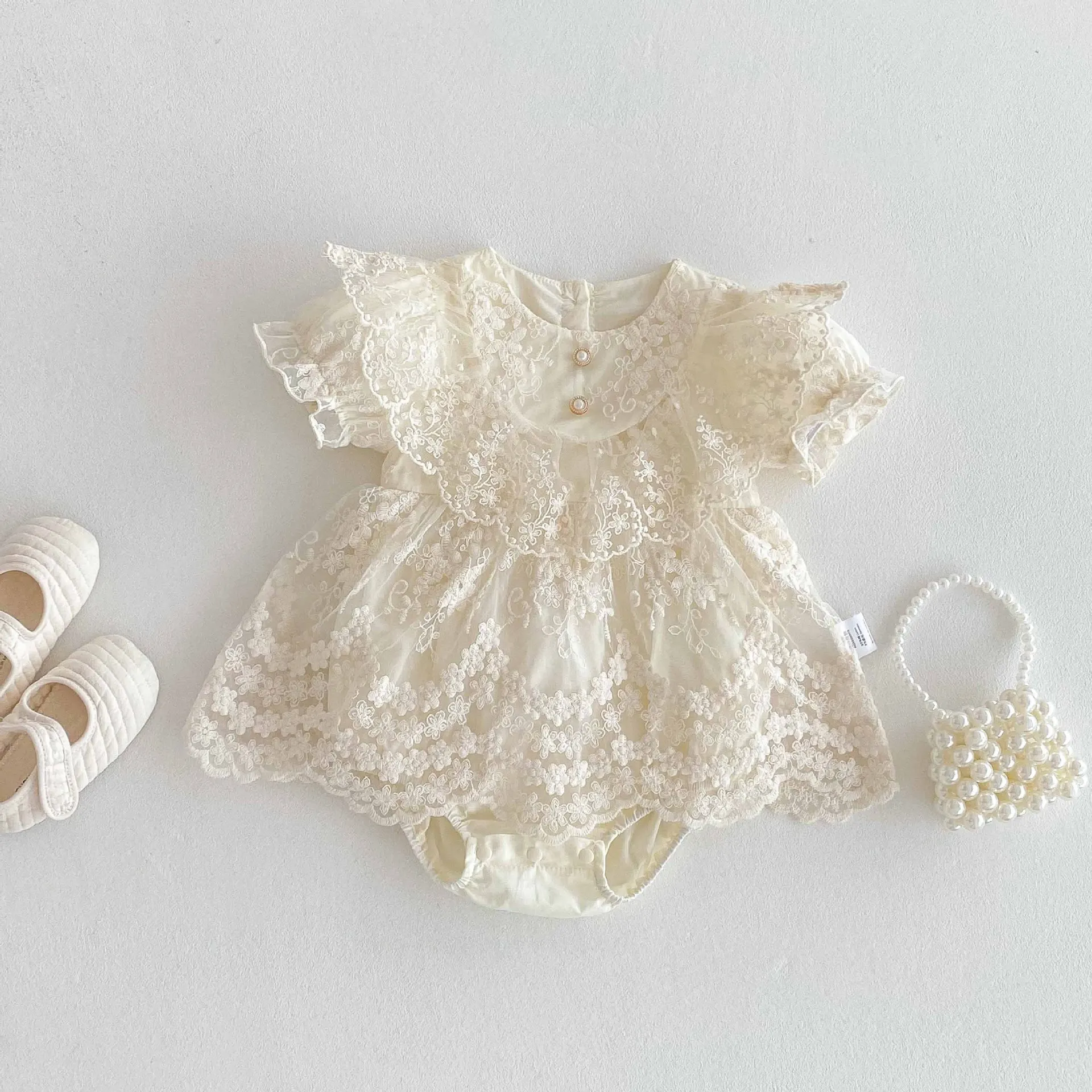 2026 Prinzessinnenkleid für Babys, Mädchen, 0–24 Monate, Vintage-Spitze, bestickt, Rüschenkragen, Stramplerkleid mit Druckknopfverschluss, formelles Partykleid – Detail 13