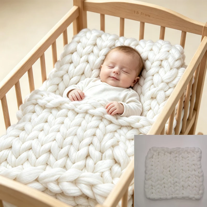 Newborn Photography Props Merino Wool Knitted Braid Blanket for Baby Photo Shoot Background Basket Stuffer Bump Wrap 50x50CM view 3