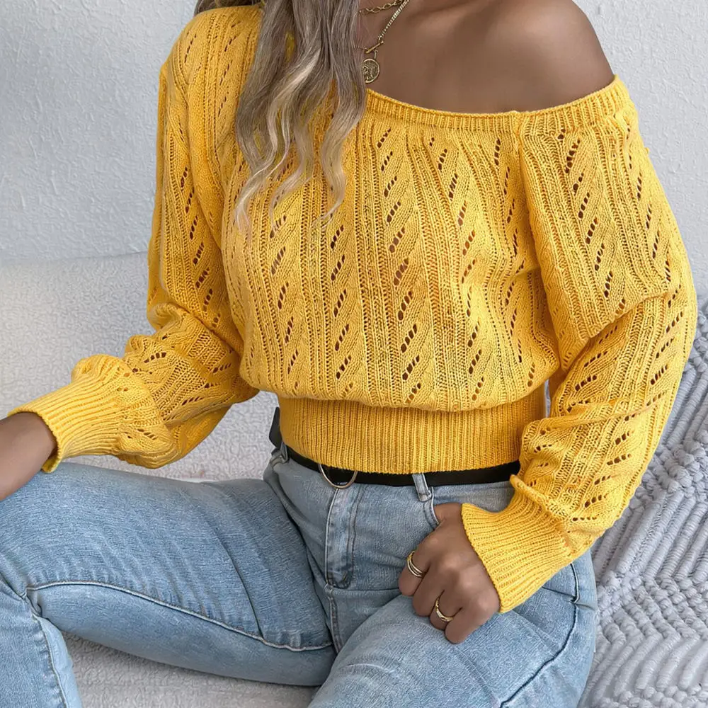 Womens Slim Fit Cropped Sweater Off Shoulder Hollow Out Long Sleeve Pullover Autumn Winter Casual Knitted Sexy Shirt Top