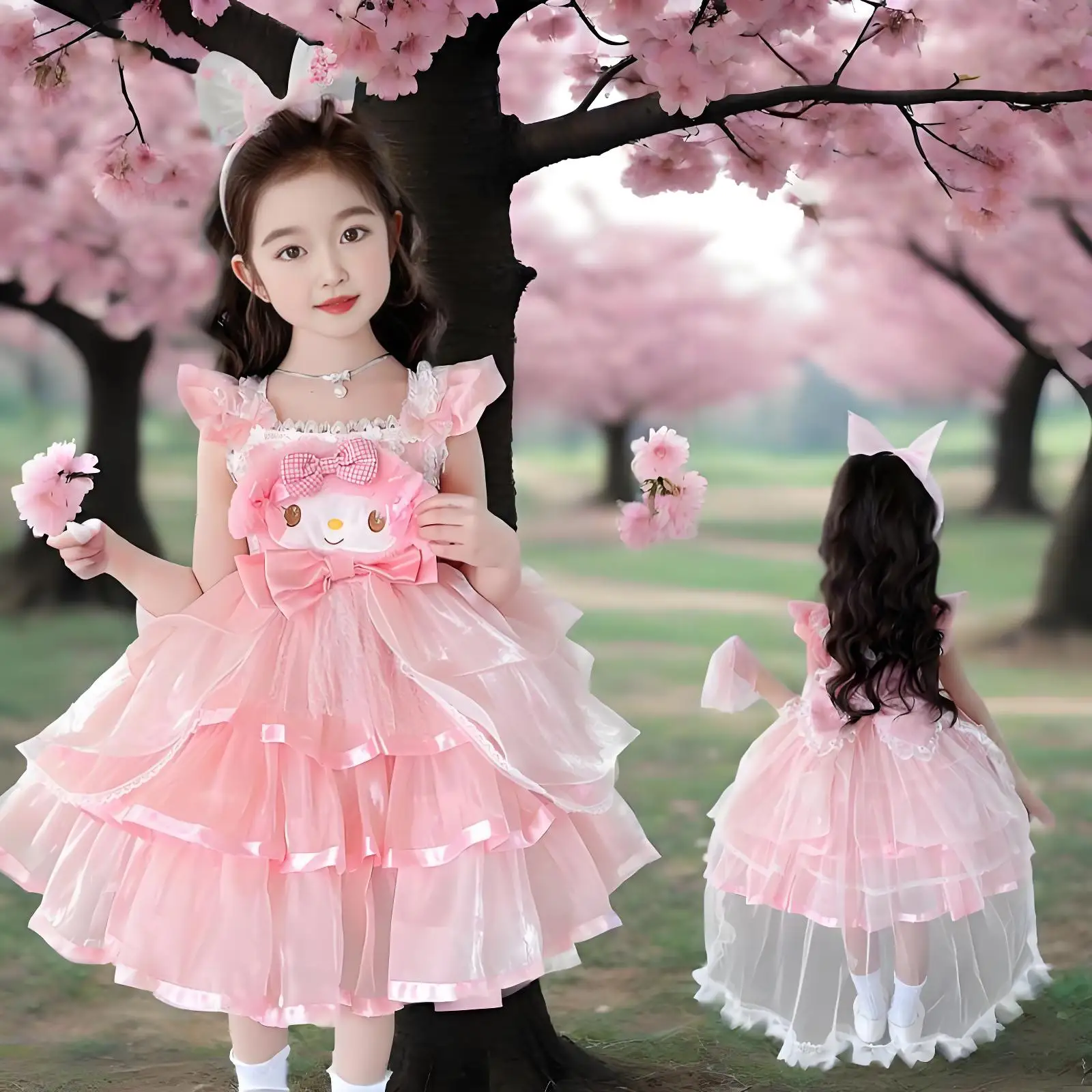 

Юбка принцессы в стиле аниме My Melody Lolita, платье на бретелях, пышное платье с бантом, кружевная сетчатая юбка, многослойное вечернее платье с хвостом, детская одежда