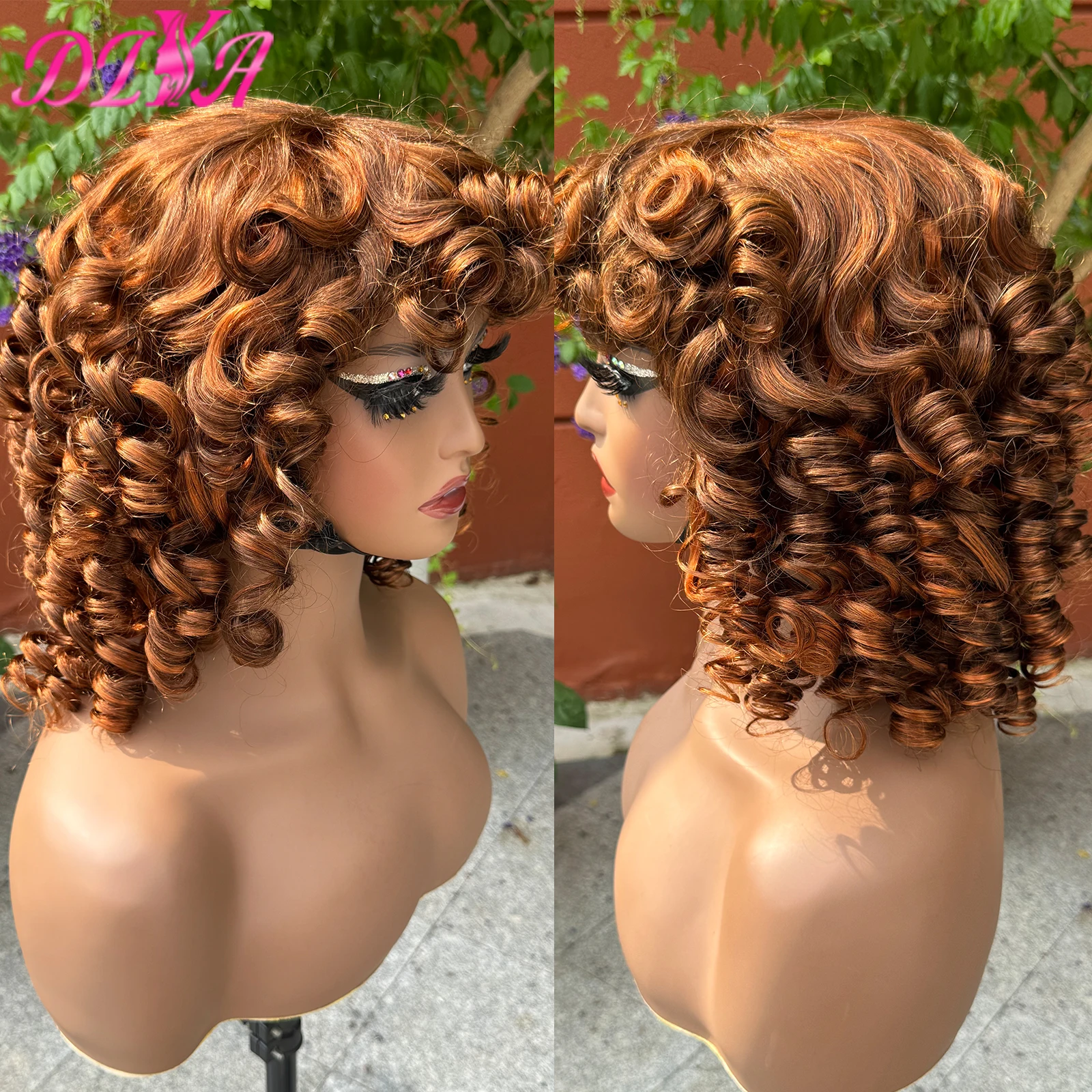 

Full Machine Made Wig 18inch Highlight Bouncy Curly Human Hair Wigs with Bangs for Black Women 250% Density Loose Wave Hair Wigs