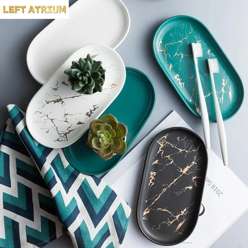 Marble Pattern Ceramic Storage Tray Oval Jewelry Ring Tray Bathroom Mouth Cup Lotion Bottle Storage Trays Bathroom Accessories