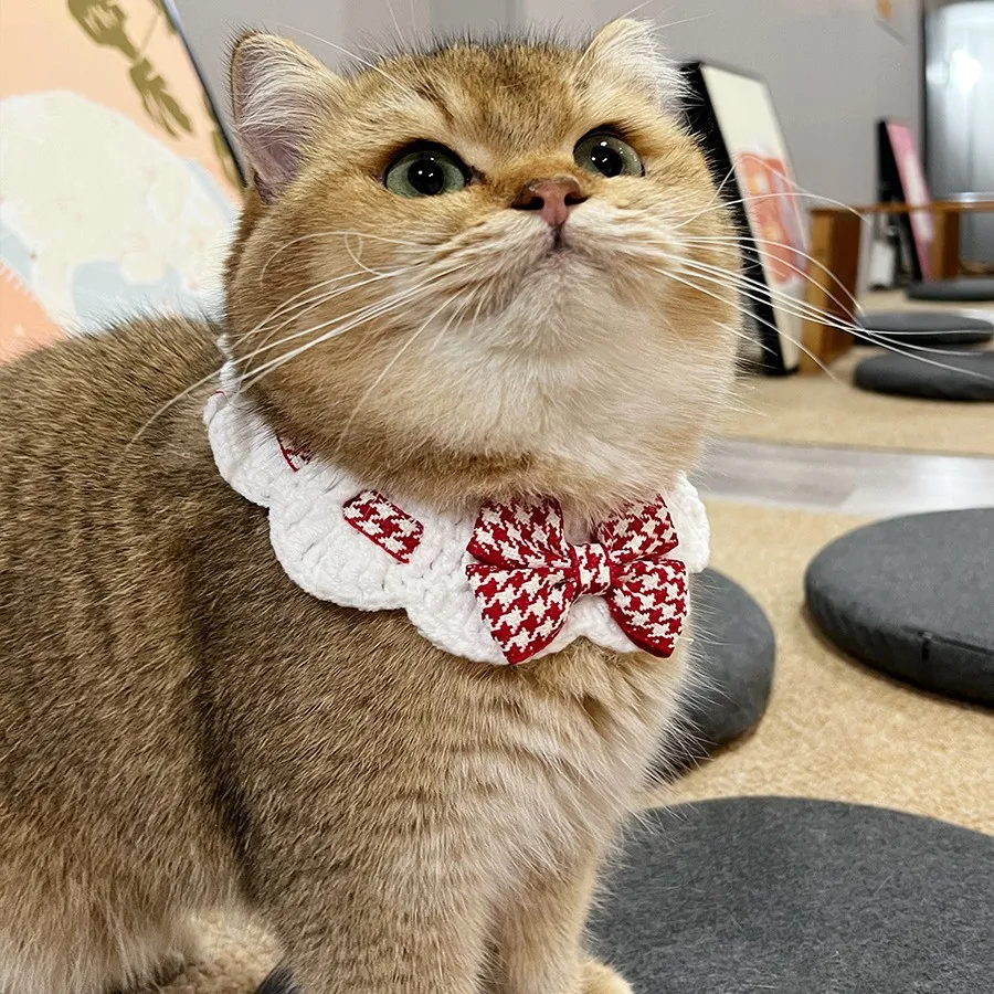 الأحمر والأسود متقلب houndstooth طوق الحيوانات الأليفة مريلة منشفة المياه محبوك طوق الديكور المستخدمة للحيوانات الأليفة الصغيرة ربطة القوس فيونكة الملحقات #4