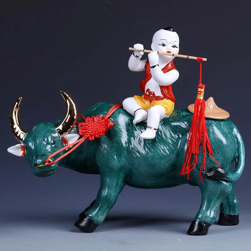 Chinese Cowherd Boy Sculpture Ceramic Handcrafts Home Room Cabinet Figurines Decoration Items Study Bookcase Statue Accessories