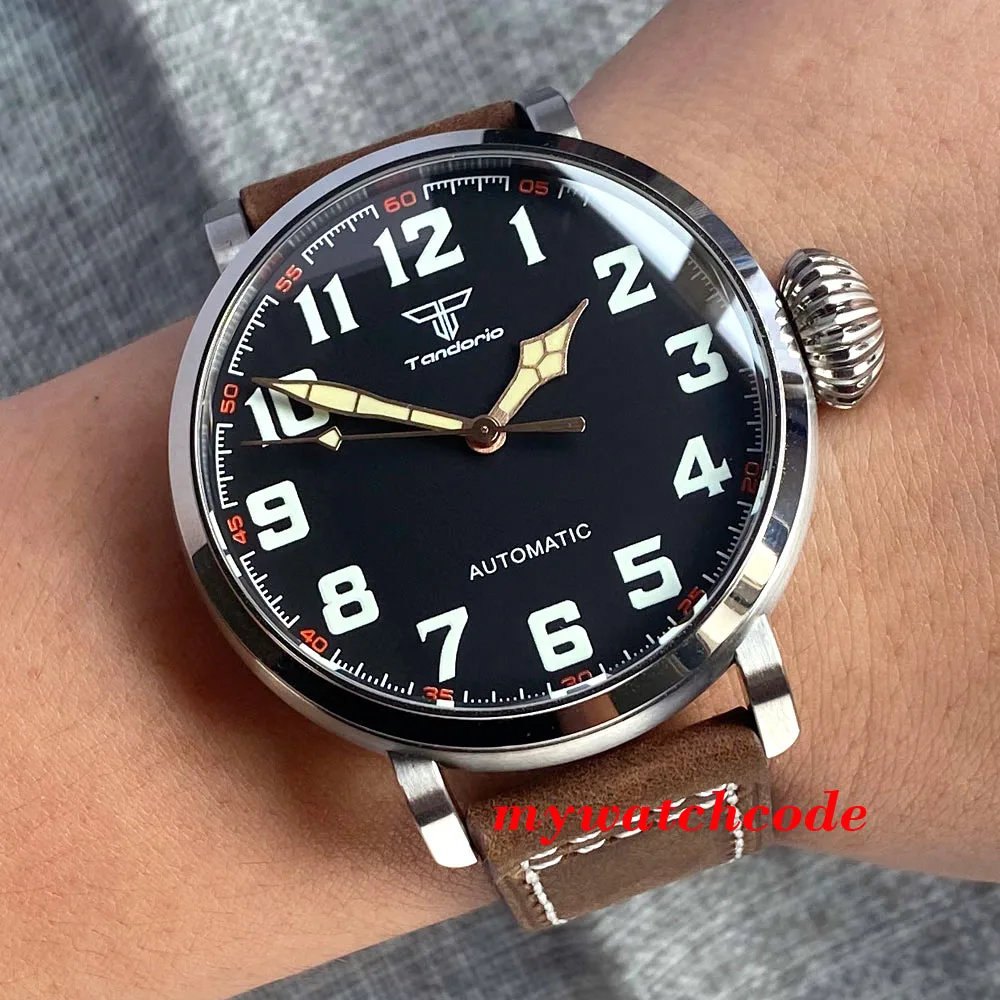 47mm Vinatge Tandorio NH35A PT5000 Automatic Wristwatch for Men Luminous Black Dial Sapphire Steel Clock AR Sapphire Glass