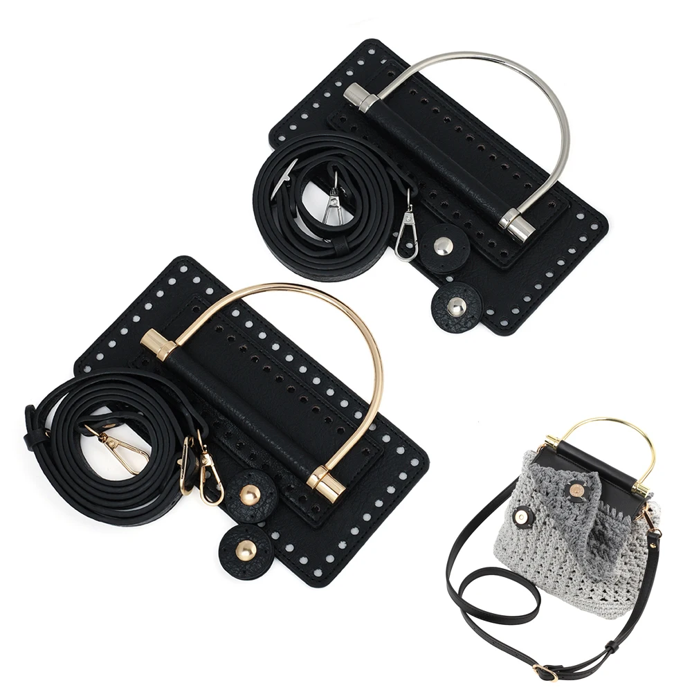 DIY Knitted Bag Set Leather Shoulder Handbag Handles Strap Bags Bottom Lychee Pattern for Crochet Woven Crossbody Accessories