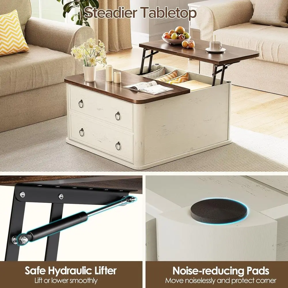 Farmhouse-Style Square Coffee Table with Lift Top, Storage Drawers, and Large Hidden Compartment, Rustic White & Walnut Finish