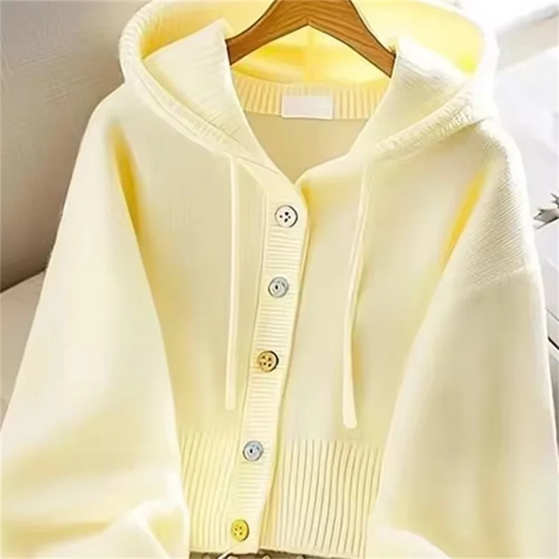 AutumnWinter New Bright Yellow V-neck Knitted Sweater Hooded Sweater Women's Loose Chic Sweater Lady Korean Top Casual Outwear