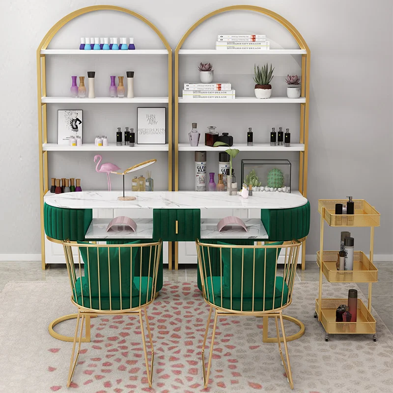 &c Modern Luxury Marble Nail Tables Chairs Set Salon Manicure Furniture with LED Light Dust Collector Made of Marble Wood Metal