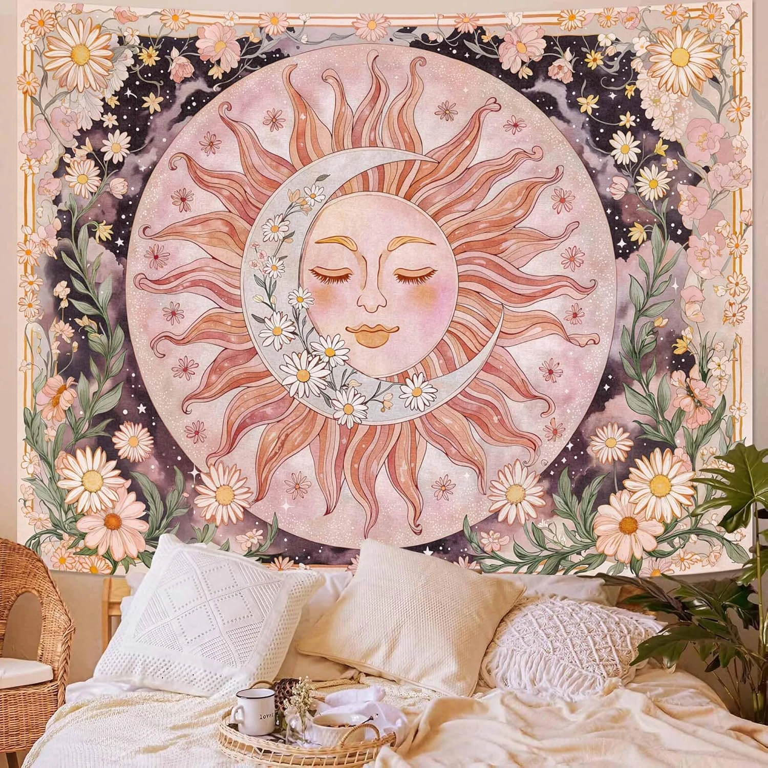 VIKAMA Bohemian Sun, Moon, and Face Tapestry—Atmospheric Polyester Wall Hanging for Bedroom and Living Room Decor