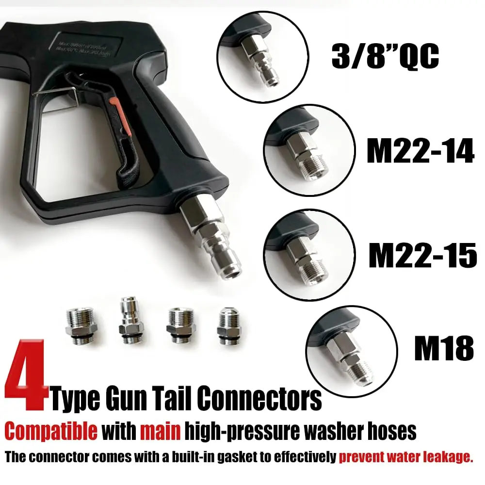

High-Pressure Washer Gun With 4 Quick-Connect Tail Adapters: 3/8″ QC, M22-14, M22-15, M18 — 5000 PSI, Built-In Gasket Seal
