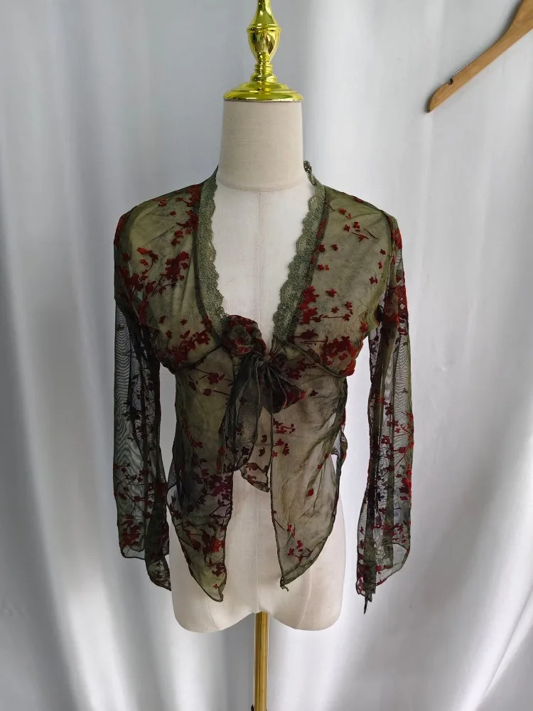 Kimotimo Vintage Print Mesh Cardigan Lace V Neck Bandage Slim Waist Sheer Crop Top Vacation Y2k Aesthetic Spicy Girl T-shirts