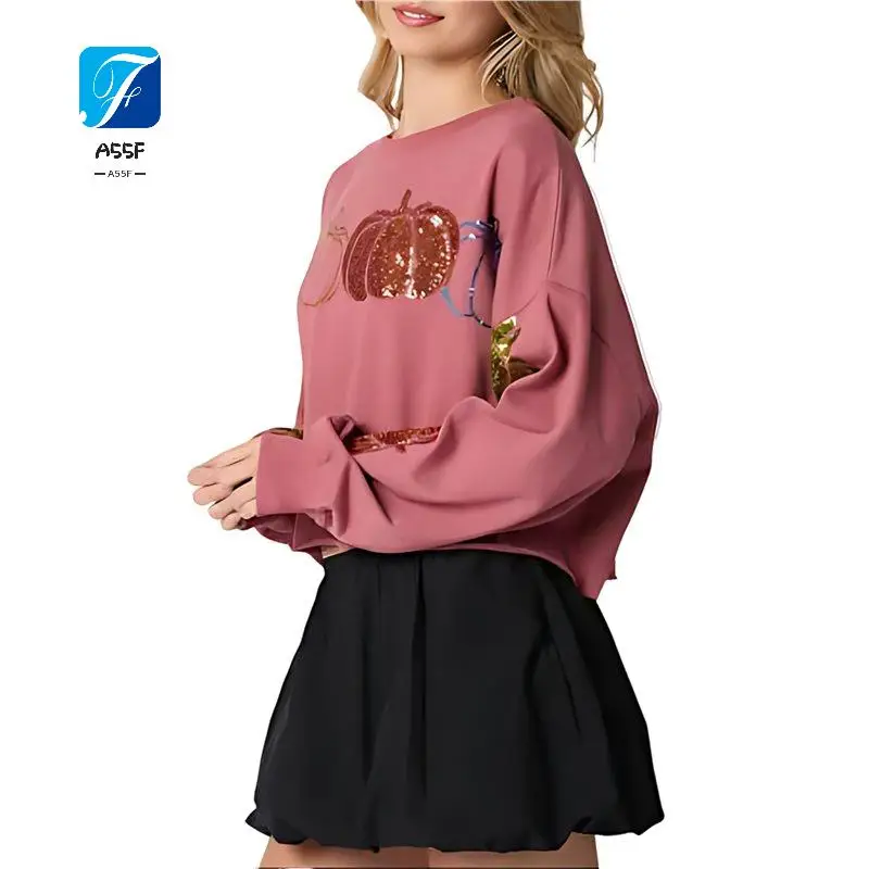 

A55F-Женские толстовки на Хэллоуин с блестками и длинными рукавами, блестящий пуловер с тыквой и призраком на Хэллоуин