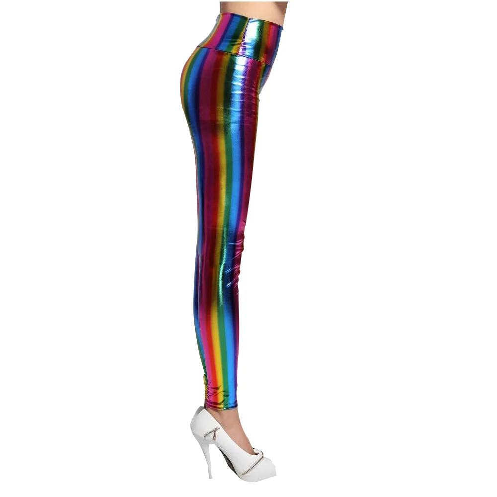 Vrouw Kleurrijke Sexy Open Kruis Leggings Flash Lederen Regenboog Print Hoge Taille Clubkleding Crtochless Hotpants Fit Silm Broek