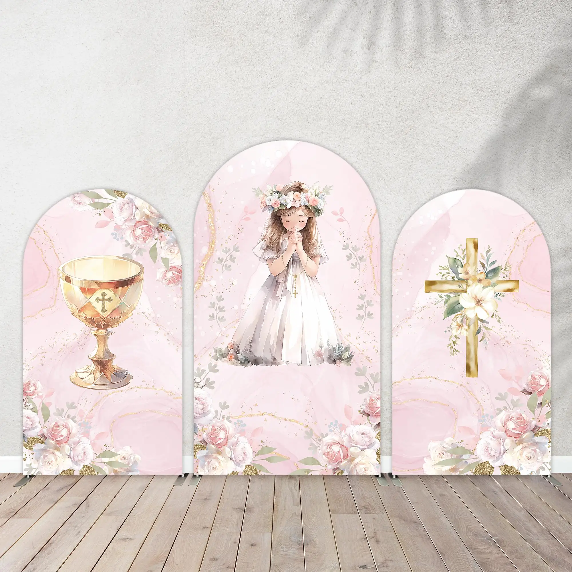 

Pink Holy Communion Cup Cross Arch Background Flowers God Bless Children Baptism Prayer Girls Theme Party Decoration Photo Props