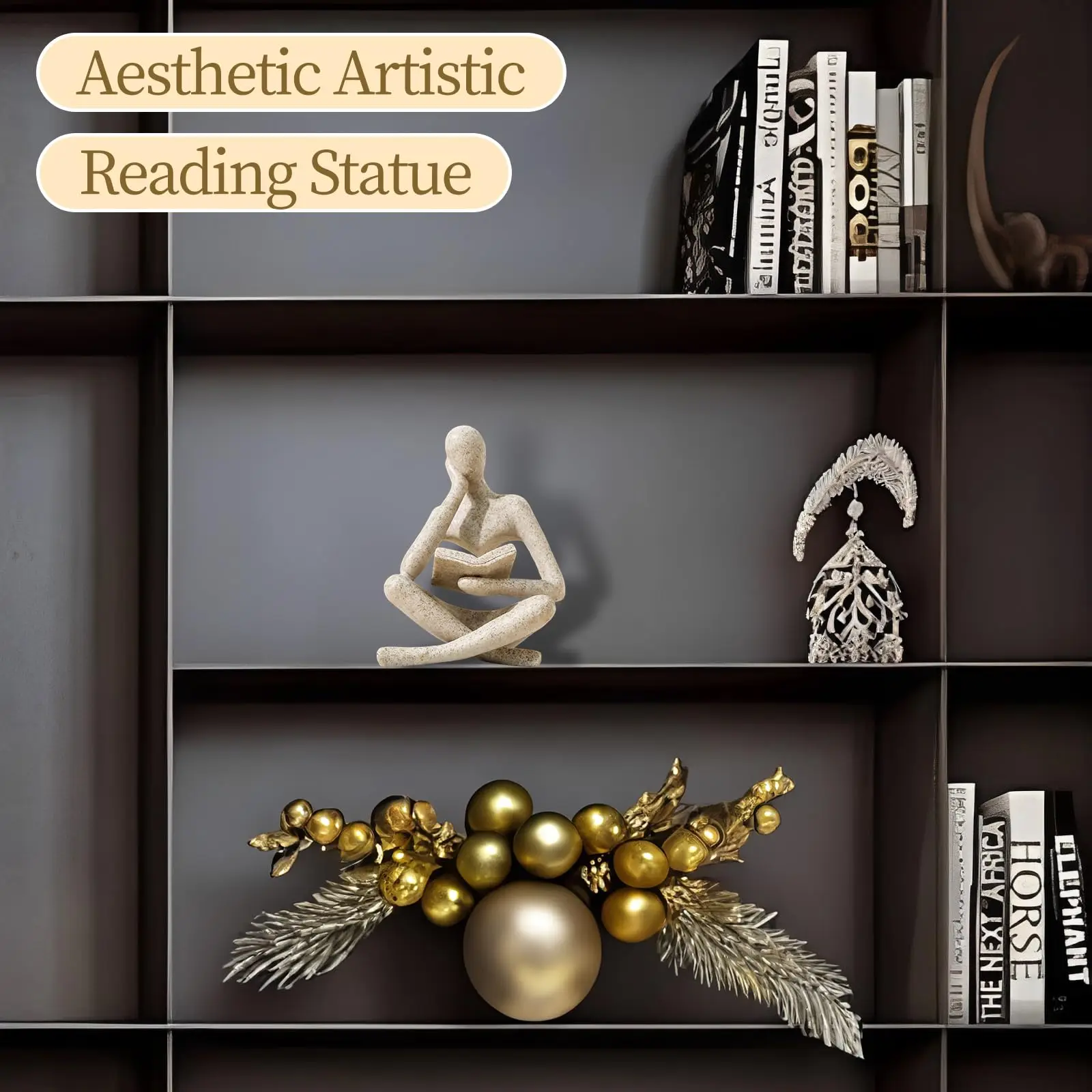 Reading Thinker Resin Figurine Sandstone Sculpture Desk Bookshelf Home Office Gift for Book Lovers Intellectual Readers Ornament