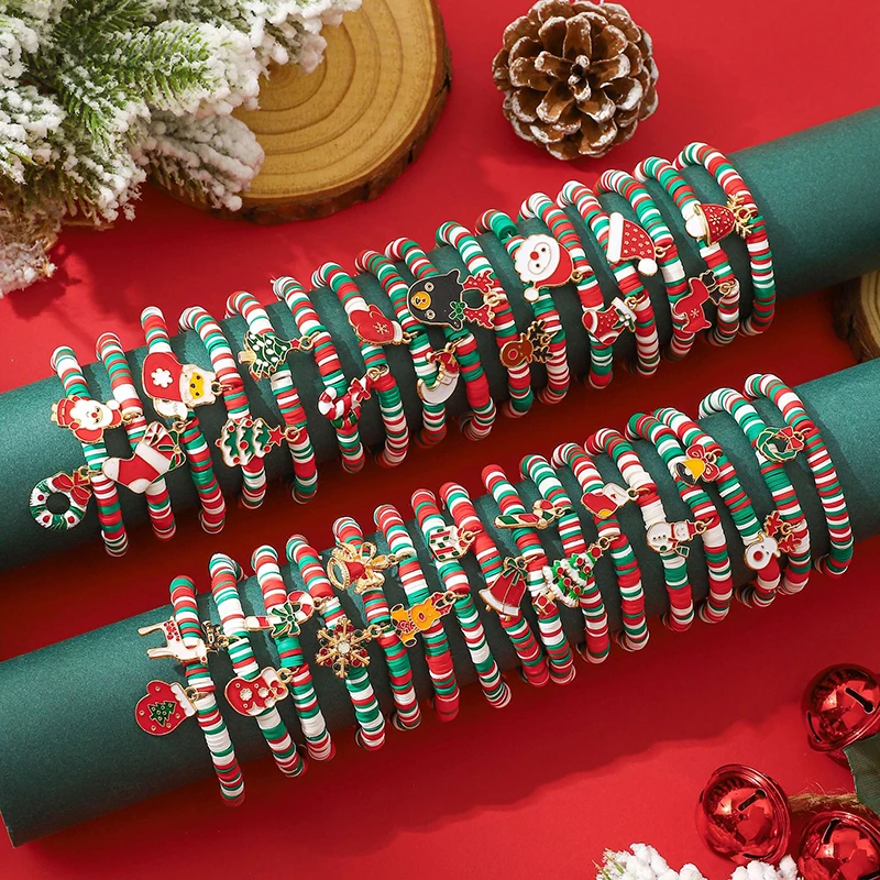 1PC New Year Jewelry Christmas Red Green Polymer Clay Beaded Bracelets For Women Men Crutch Socks Gloves Xmas Tree Bracelet