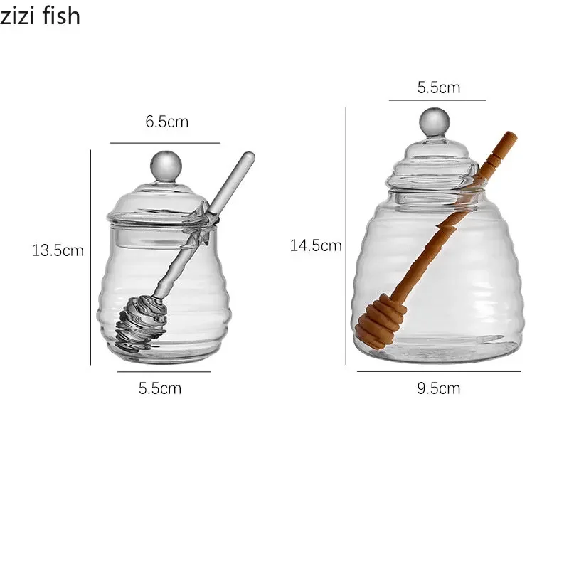 جرة عسل زجاجية مع غطاء، جرة مربى شفافة، زجاجة زجاجية مخططة مبتكرة، حاوية تخزين عسل المطبخ المنزلي مع قضيب خلط #5